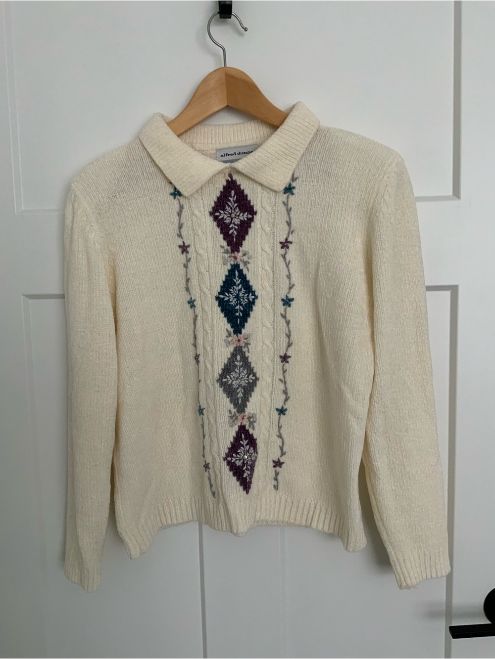 Alfred Dunner Cream Embroidered Collared Knit Sweater Purple Teal Petite PXL